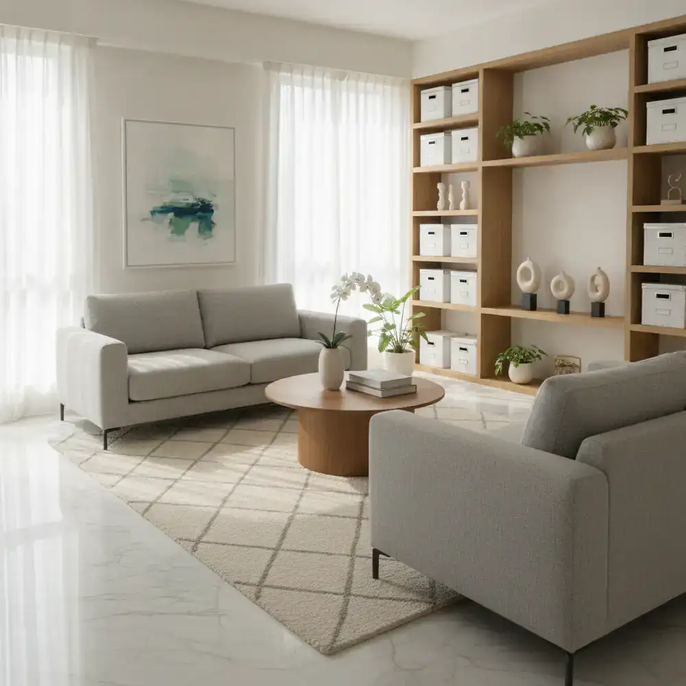 A perfectly organized and sparkling clean living room in Dhaka