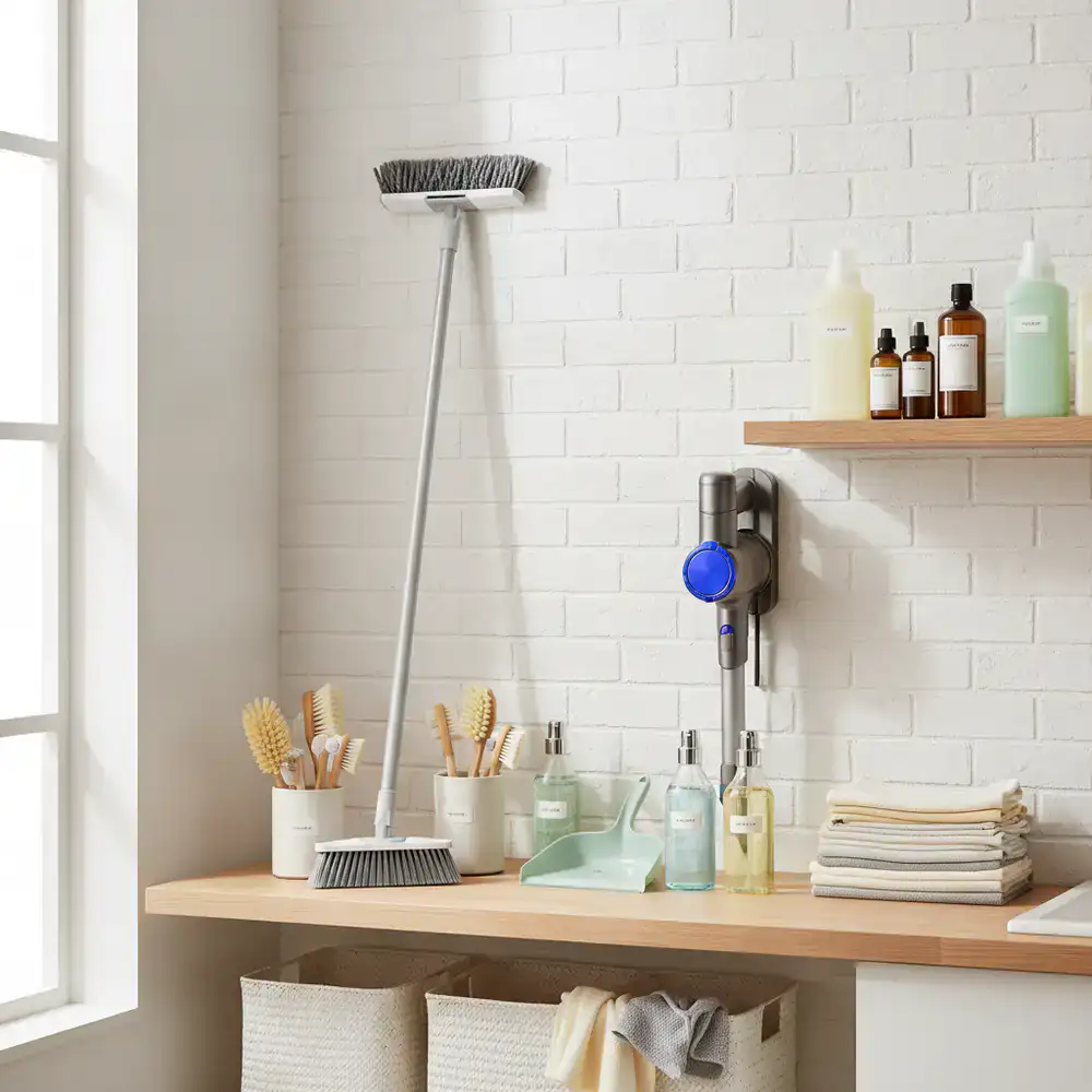 Assortment of modern cleaning tools and organized supplies