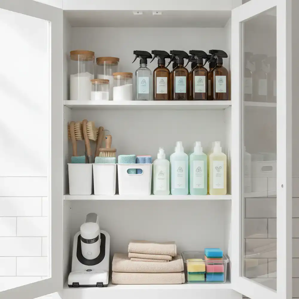 Organized cleaning supplies cabinet