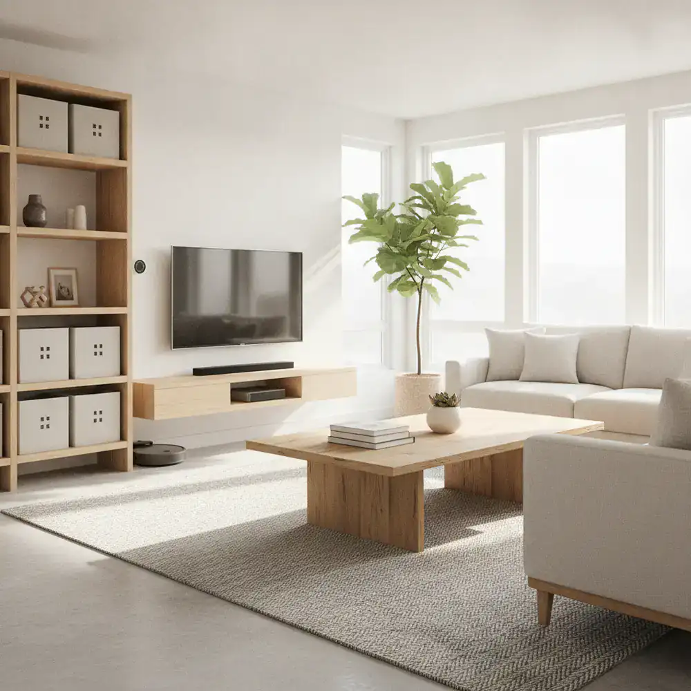 A bright, clean, and perfectly organized living space demonstrating everyday efficiency