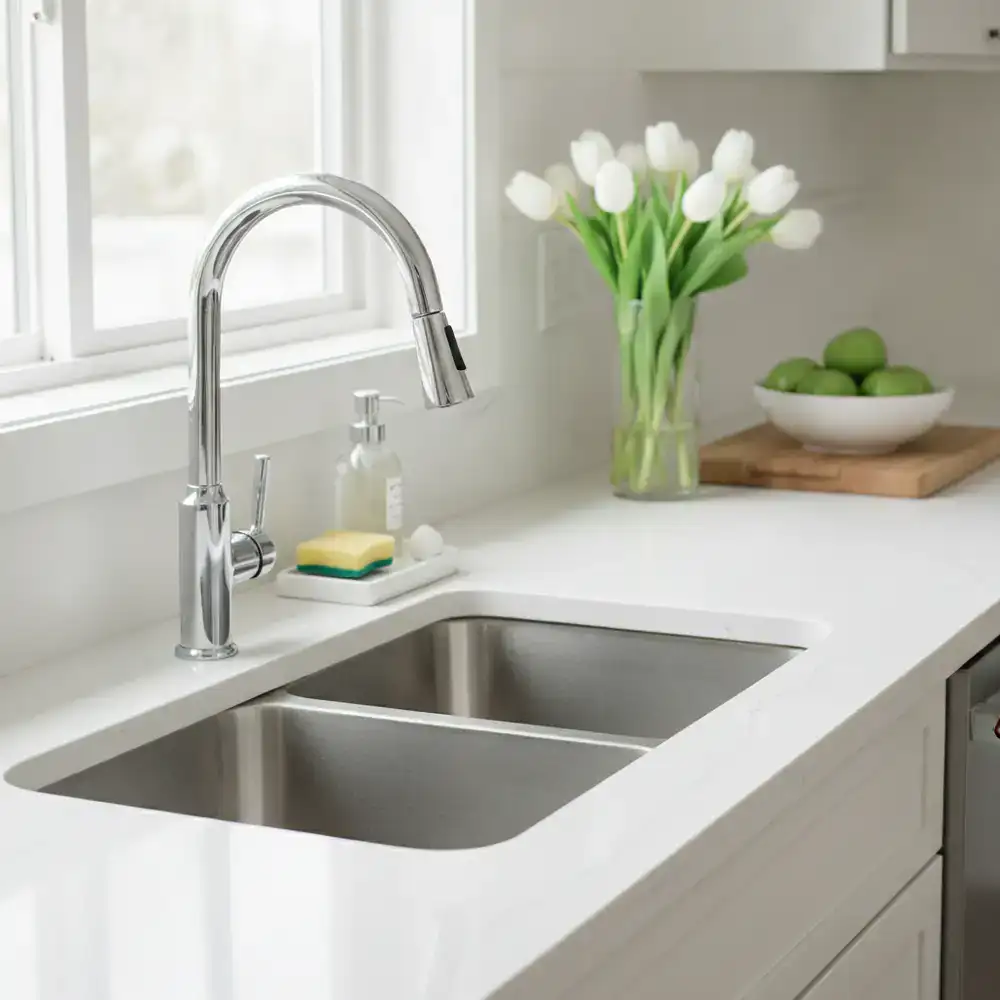 Sparkling clean kitchen sink and counter