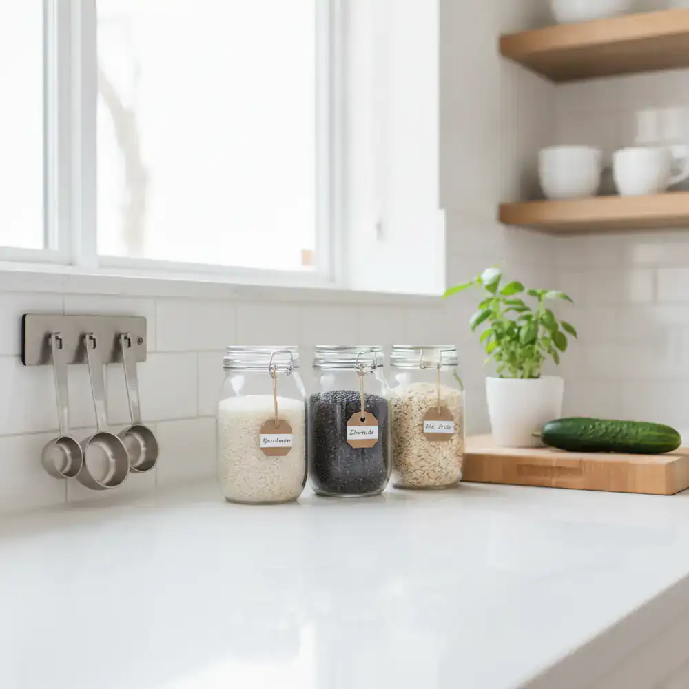 Close up of a sparkling clean kitchen surface and neatly organized supplies