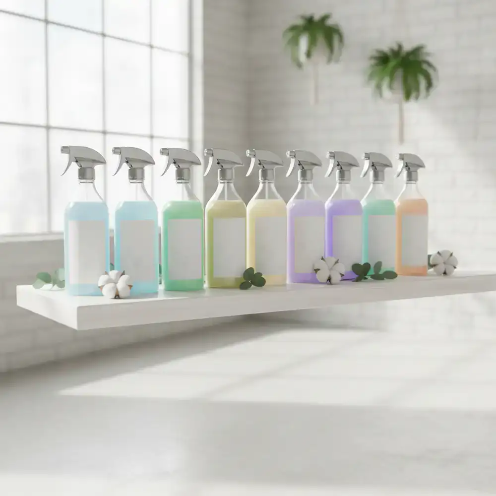 Neatly arranged daily cleaning sprays on a shelf