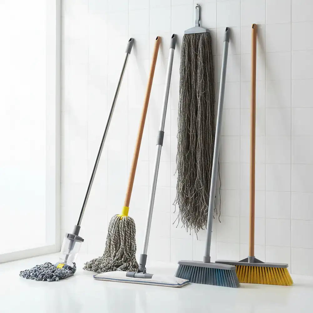 Set of premium floor cleaning mops and durable brooms